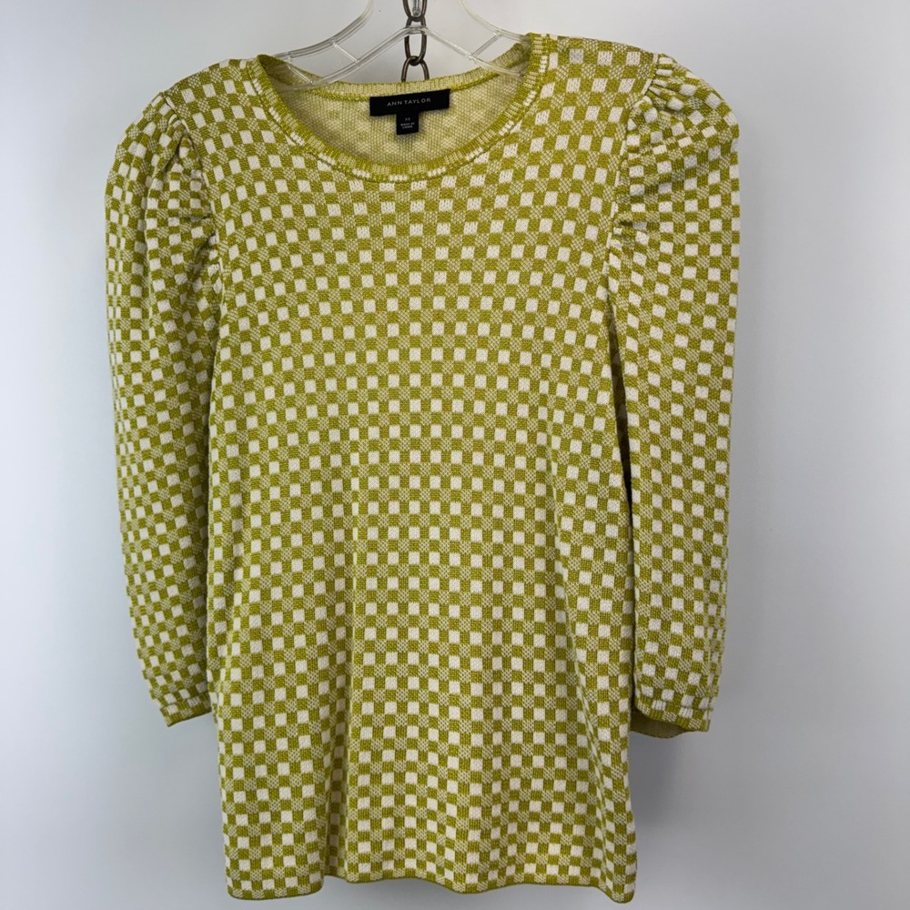 Ann Taylor Sweater‎ Women's XS Green Checkered Puff Sleeve Knit Top